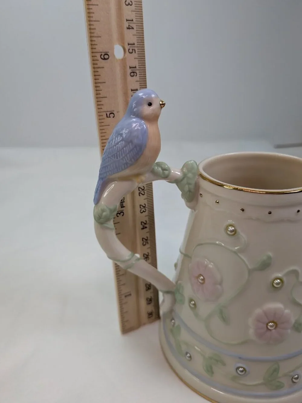 Lenox Porcelain Miniature Bird Watering Can Floral Pearl Glaze Gold Trim